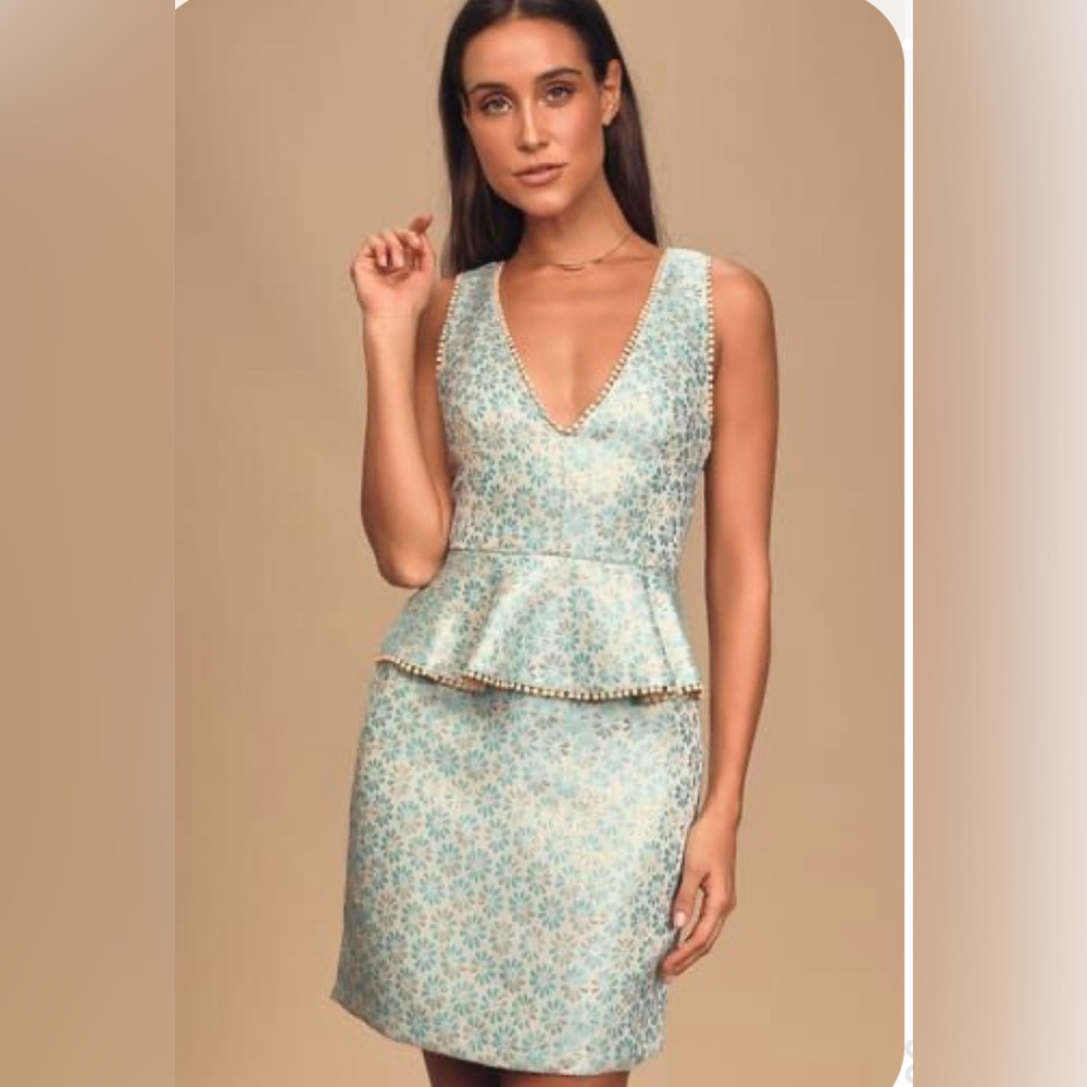 Lulu’s light blue and gold WTAG peplum dress